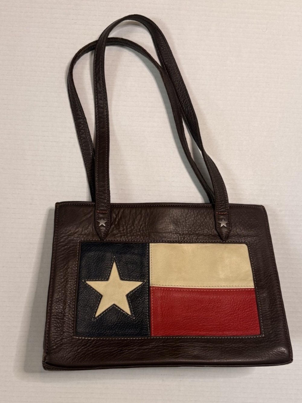 American West Texas Flag Leather Shoulder Bag Brown Tote Handbag USA Star